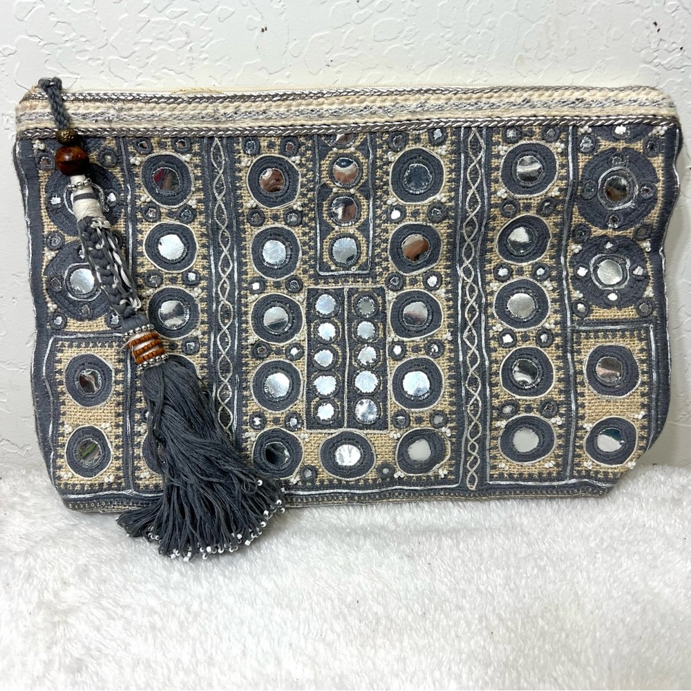 Star Mela Jute Clutch Zip Top Mirrors Tassel Cream and Silver